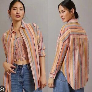 Pilcro Anthropologie L/S Button Up Shirt Womens XS Peach Metallic Striped Spring